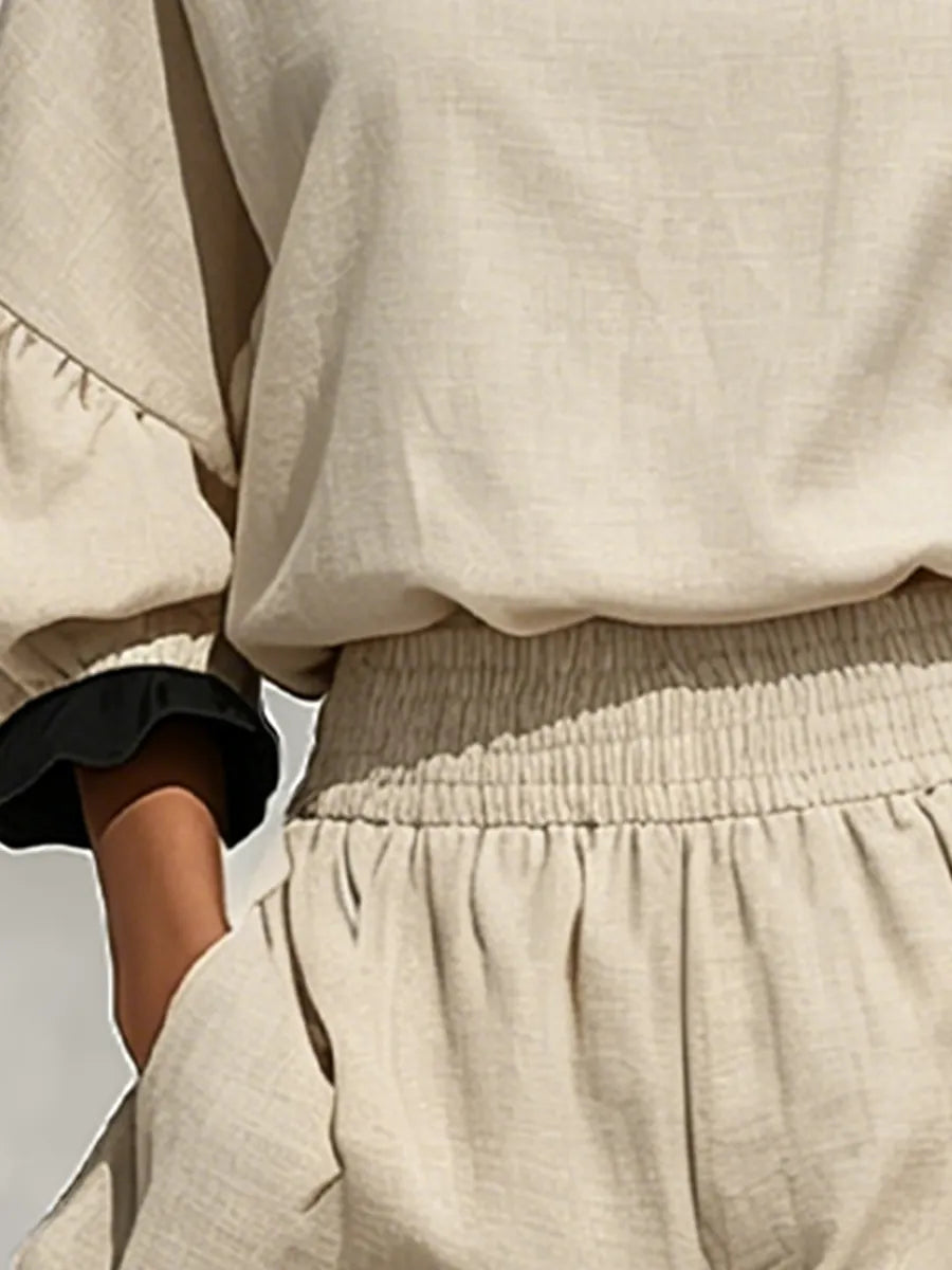 Women’s Beige Linen-Blend Contrast Ruffle Trim Long Sleeve Blouse & High-Waisted Ruffle Hem Shorts Two-Piece Set MDZ1018D0T