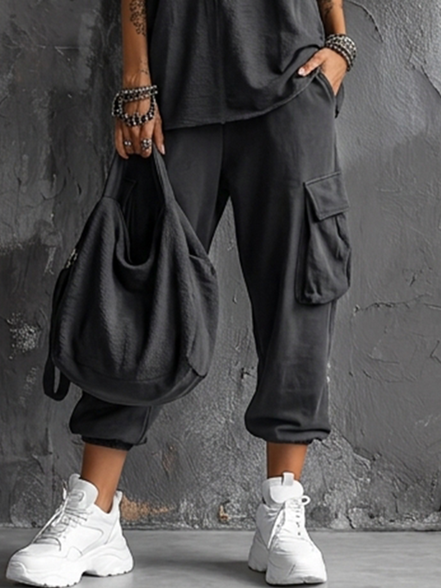 Women's Casual Style Dark Gray Cotton Blend Sleeveless Top + Jogger Cargo Pants Set MDZ2365D7GMJ