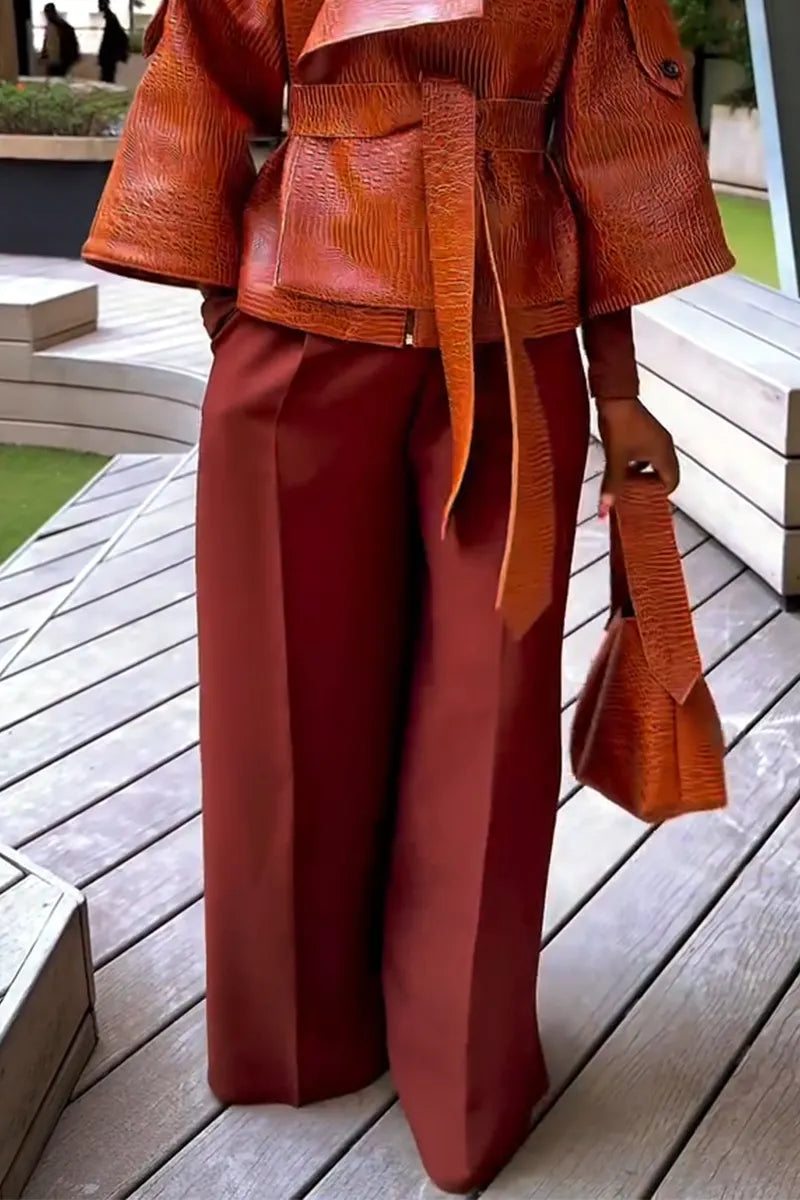 Women Collar Leather Jacket or Wide Leg Pants Casual Suit with Temperament