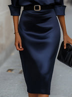 Elegant Satin Draped-Collar Midi Dress With Black Belt