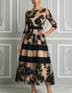 Black Floral Lace 3/4 Sleeve Band Nude Lining A-Line Midi Dress