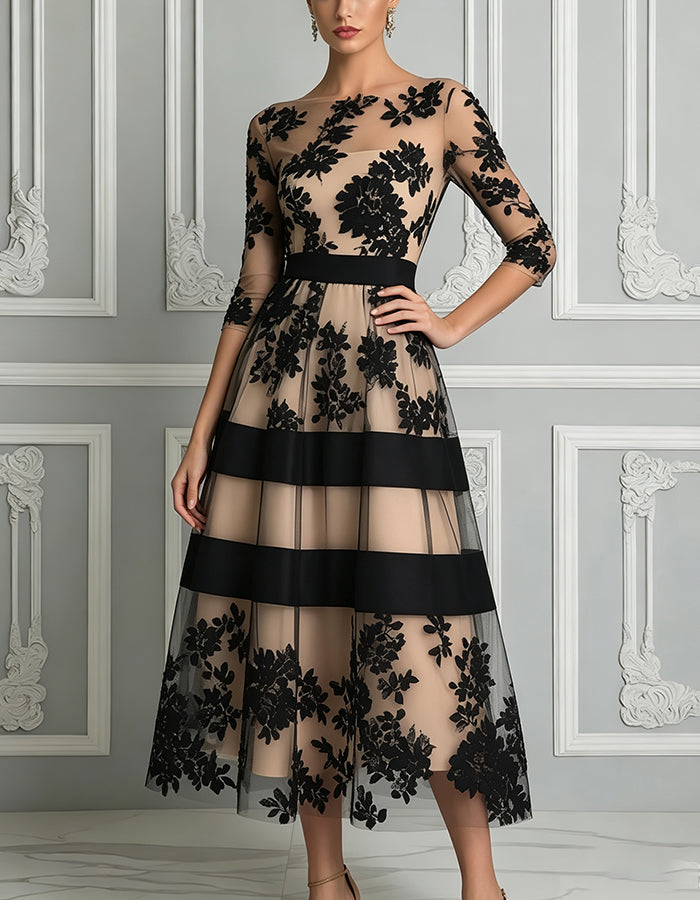 Black Floral Lace 3/4 Sleeve Band Nude Lining A-Line Midi Dress