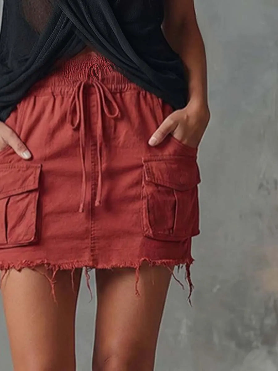 Retro Casual Workwear Style Red Cotton Short Skirt