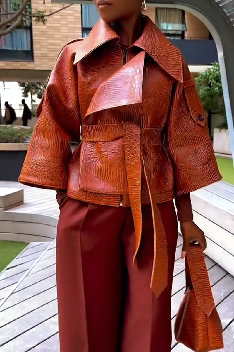 Women Collar Leather Jacket or Wide Leg Pants Casual Suit with Temperament