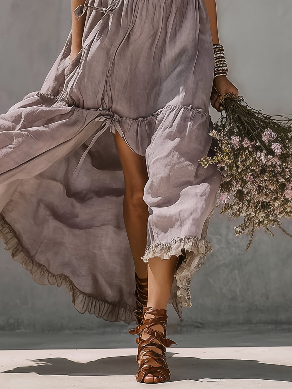 Purple lace-trimmed slit camisole maxi dress