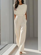 Women Off White Crew Neck Sleeveless Dressy Jumpsuit With Pockets