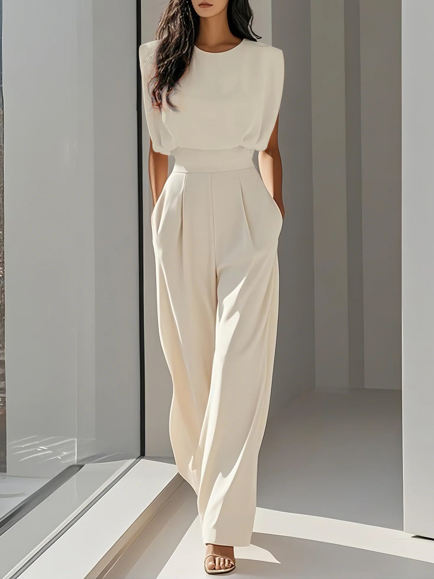 Women Off White Crew Neck Sleeveless Dressy Jumpsuit With Pockets