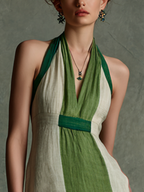 Women's Vacation Style Green And White Color-Block Linen-Cotton Halter V-Neck Waist-Tailored Maxi Dress MDZ2051E3GMJ