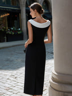 Contrast Neck Sleeveless Column Midi Dress