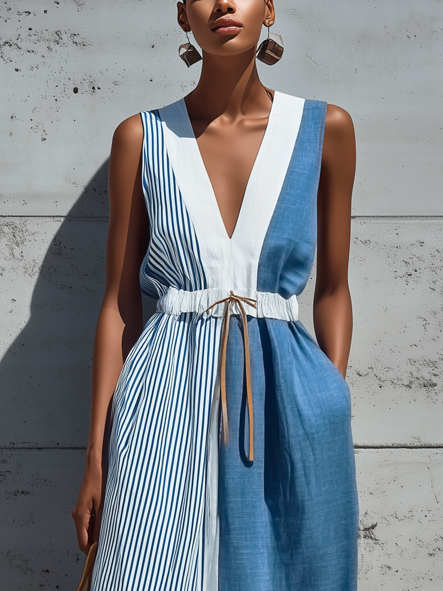 Women’s Color Block Cotton-Linen Striped Linen Sleeveless Maxi Dress With Drawstring Waist & Pockets MDZ0231F6T