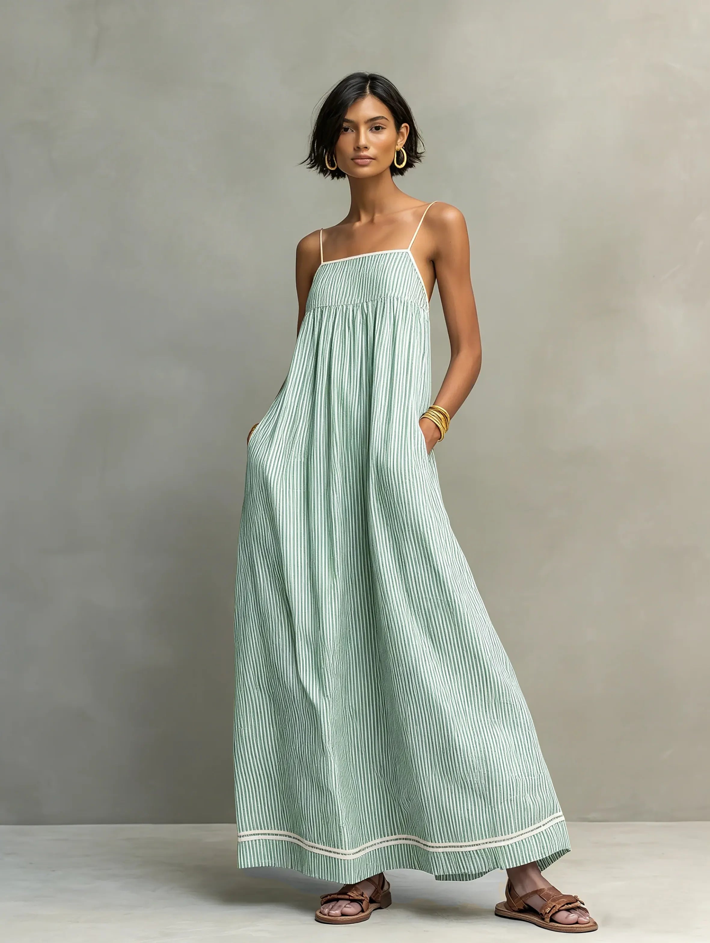 Women's Minimalist Striped Maxi Dress With Red Trim And Spaghetti Straps MDZ2710C3Y