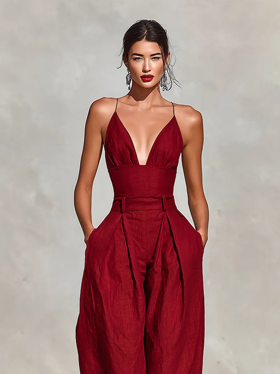Women's Red Linen Jumpsuit With Spaghetti Straps & High-Waisted Pleated Pants, Timeless Romantic-Elegant Style Jumpsuit MDZ1915C8I