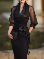 Sheer-Drape Waist-Tie Evening Dress