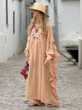 Bohemian Peach Floral Embroidered Kaftan Dress