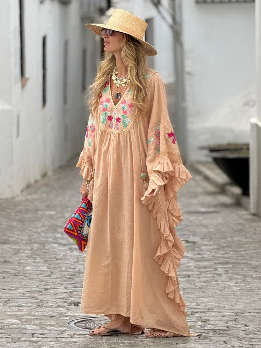 Bohemian Peach Floral Embroidered Kaftan Dress