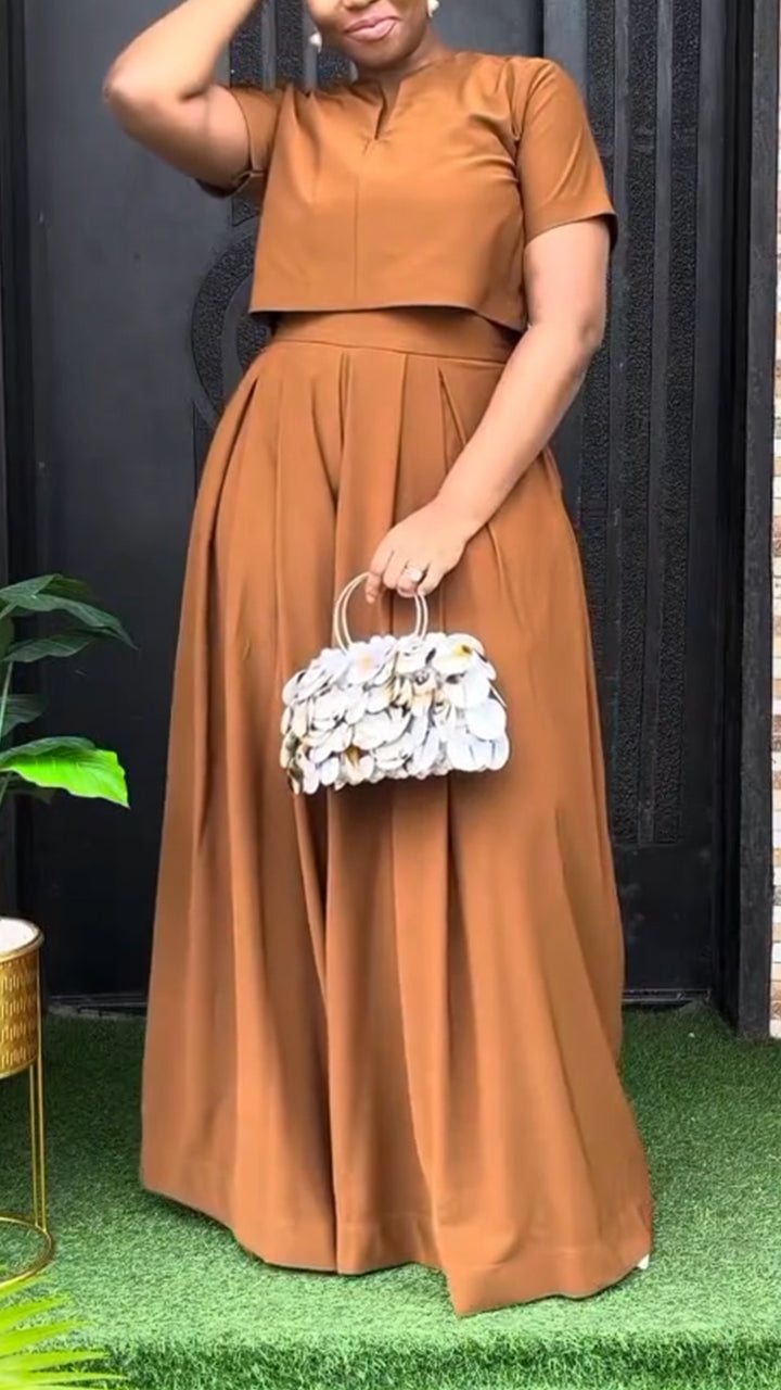 Women Round Neck Top+ Pants Solid Color Temperament Casual Suit