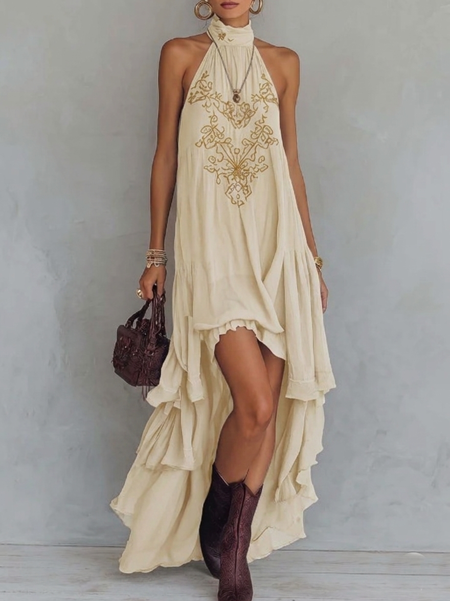 Retro Halter Neck Irregular Ruffle Maxi Dress