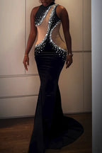 Women's Elegant Party Rhinestone Mesh Panel Maxi Dress