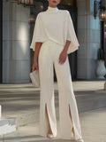 Cape-Sleeve High-Neck Blouse & Slit Wide-Leg Trousers Set