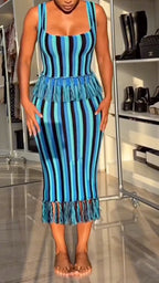 Women's Square-Neck Striped Tassel Set