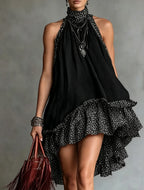 Black Polka Dot Neckline Bohemian Chiffon Ruffled Trim Mini Dress