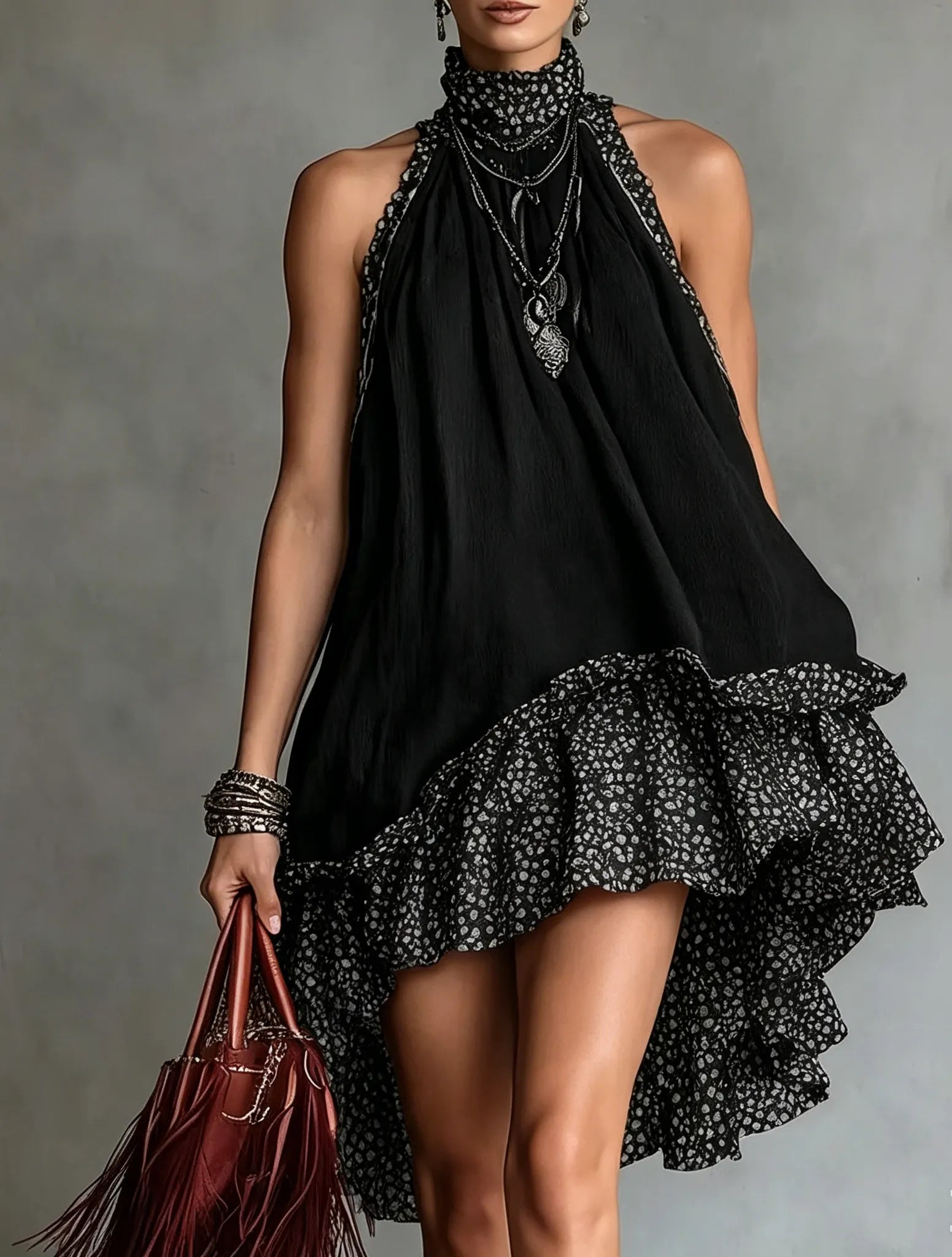Black Polka Dot Neckline Bohemian Chiffon Ruffled Trim Mini Dress