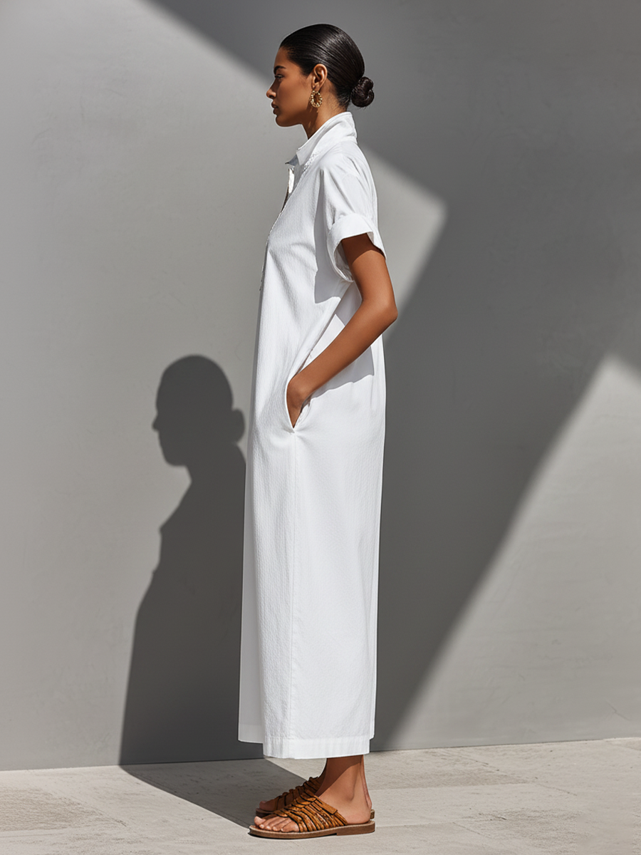 Women's White 100% Cotton Maxi Shirt Dress With Half-Zip Collar & Rolled Sleeves, Timeless Casual Everyday Dress MDZ0779E4LYL