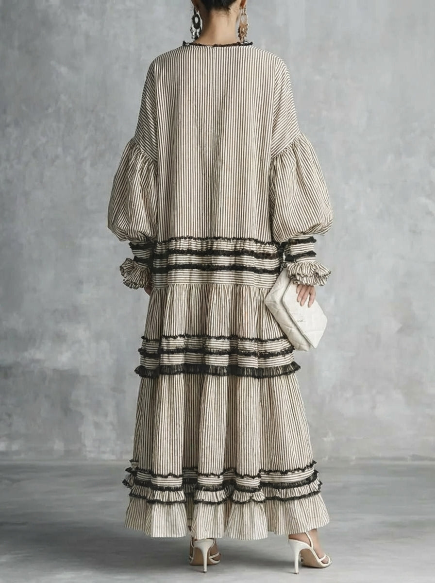Women's Casual Stylish Vacation Art Striped Ruffled Cotton Maxi Dress