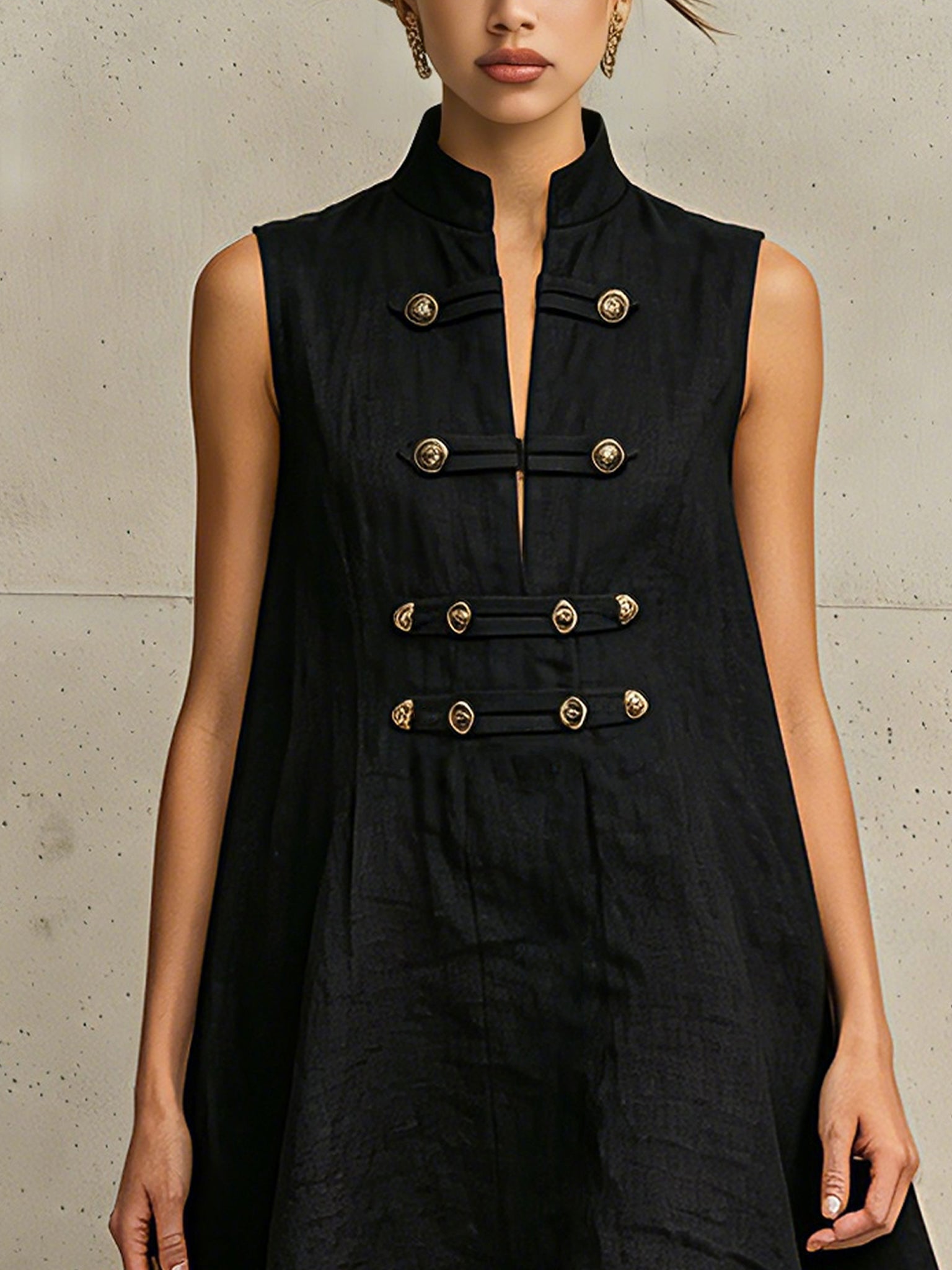 Black Vintage Gold Button Sleeveless Mini Dress