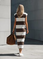 Women's Casual Brown & White Stretch-Knit Maxi Dress — Crew Neck, Sleeveless MDZ2362E0LXY