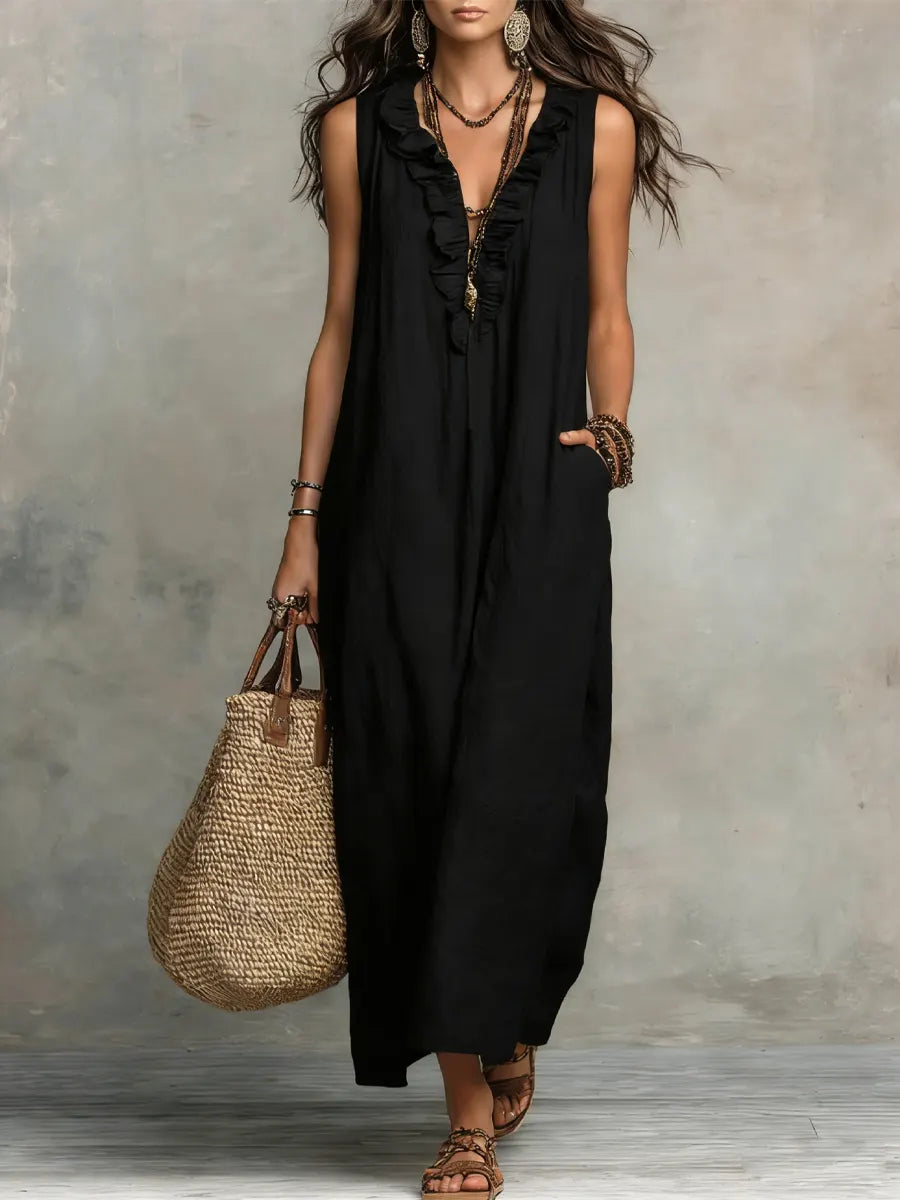 Women's Solid Color Ruffled Art Casual Fashion Cozy Cotton Linen Dress
