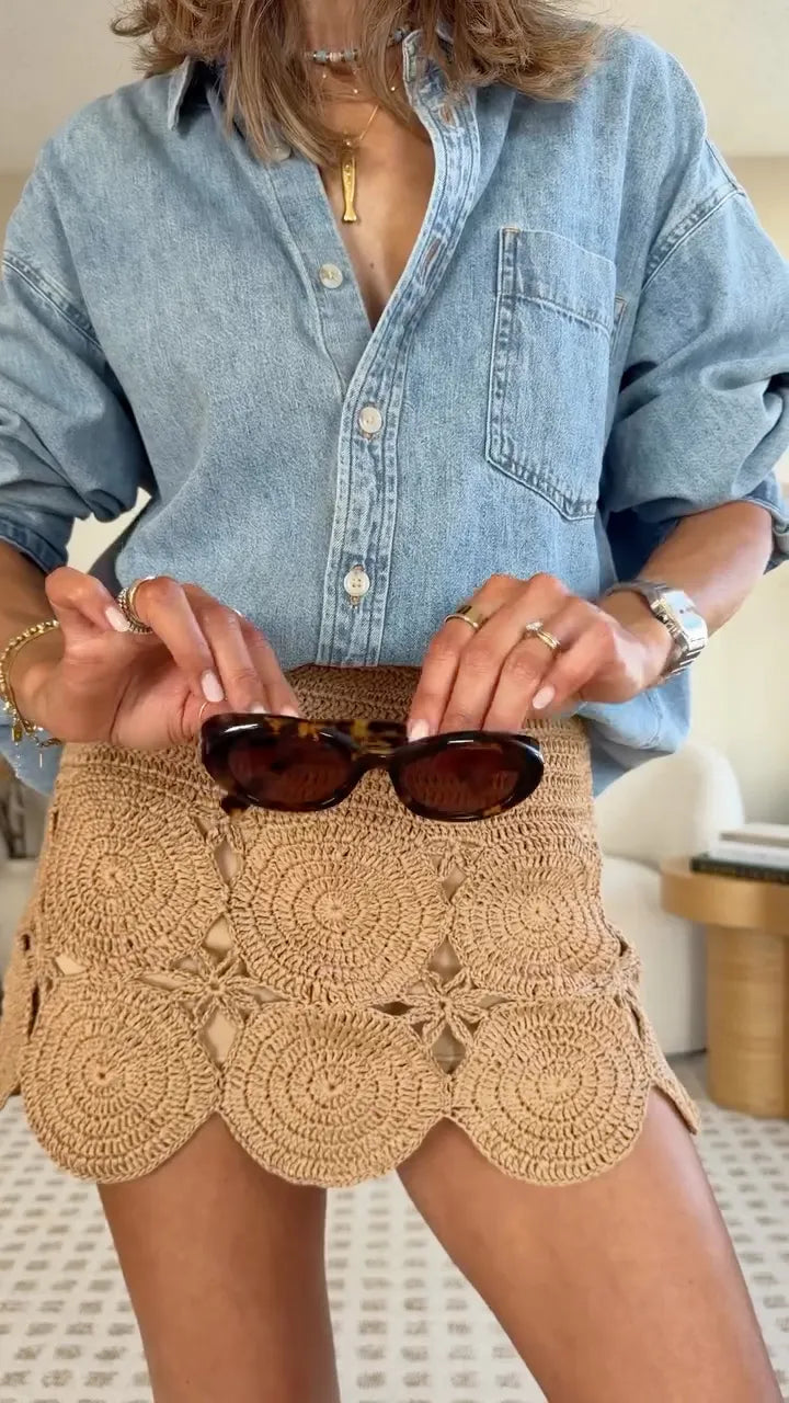 Oversized Denim Shirt + Crochet Mini Skirt Matching Outfit
