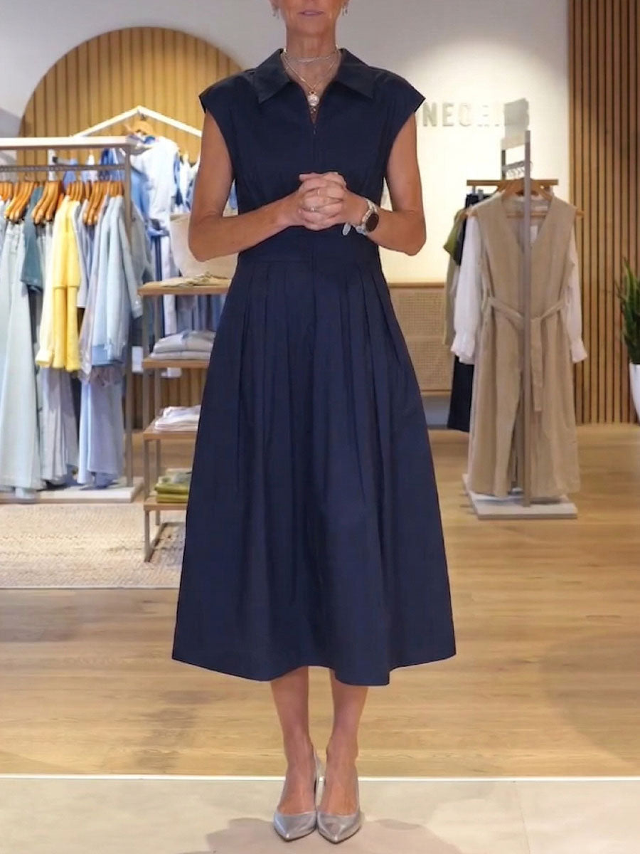 Women's Solid-color Shirt-collar Sleeveless Loose-fit Casual Cotton Dress