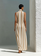 Women’s Camel & White Striped Sleeveless Stand Collar V-Neck Maxi Dress With Pockets MDZ2026D2T