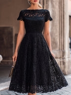 Elegant Floral Lace Boat Neck A-Line Midi Dress