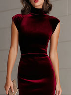 Burgundy Velvet Turtleneck Sheath Dress