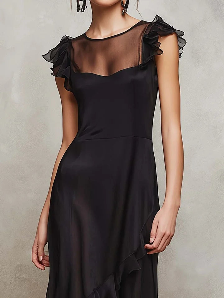 Black Layered Sheer Chiffon Ruffle-Trim Maxi Dress