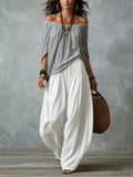 Grey Off-shoulder Top And White Loose-fitting Lantern Pants Suit