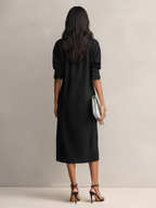 Women's Elegant Black Cotton-linen Blend Shirt Collar Short-sleeved Midi Dress MDZ0455C2AN