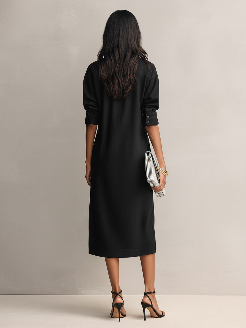 Women's Elegant Black Cotton-linen Blend Shirt Collar Short-sleeved Midi Dress MDZ0455C2AN