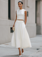 Sleeveless Cropped Top And Pleated Midi Skirt Set