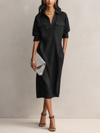 Women's Elegant Black Cotton-linen Blend Shirt Collar Short-sleeved Midi Dress MDZ0455C2AN