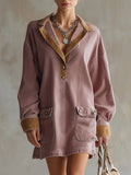 Casual Retro Color-blocked Denim Trim Pink Denim Pocket Mini Dress