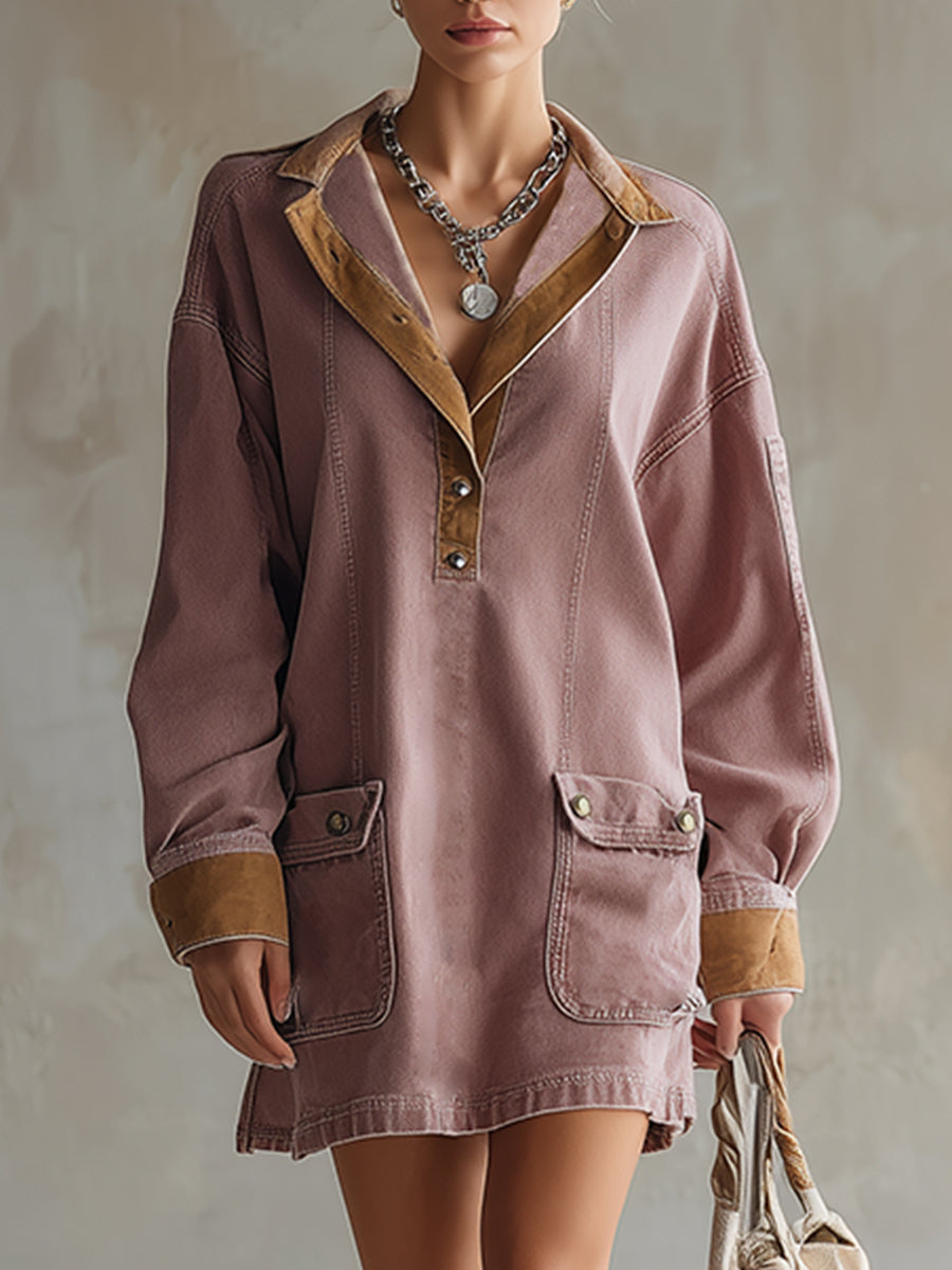 Casual Retro Color-blocked Denim Trim Pink Denim Pocket Mini Dress