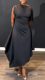 Black Draped Sleeveless Midi Dress