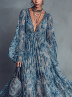 Women's Bohemian Style Blue Floral Print V-Neck Lantern Sleeve Chiffon Maxi Dress MDZ1067B8BA