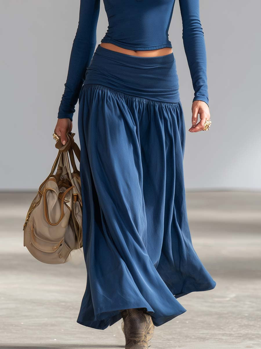 Elegant collared zip-up top and low-rise skirt set