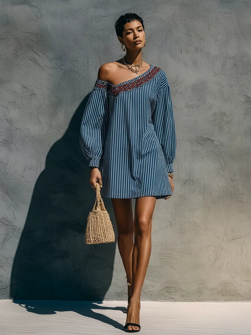 Women's Minimalist Striped One-Shoulder Long-Sleeve Embroidered Mini Dress MDZ1165F9WY