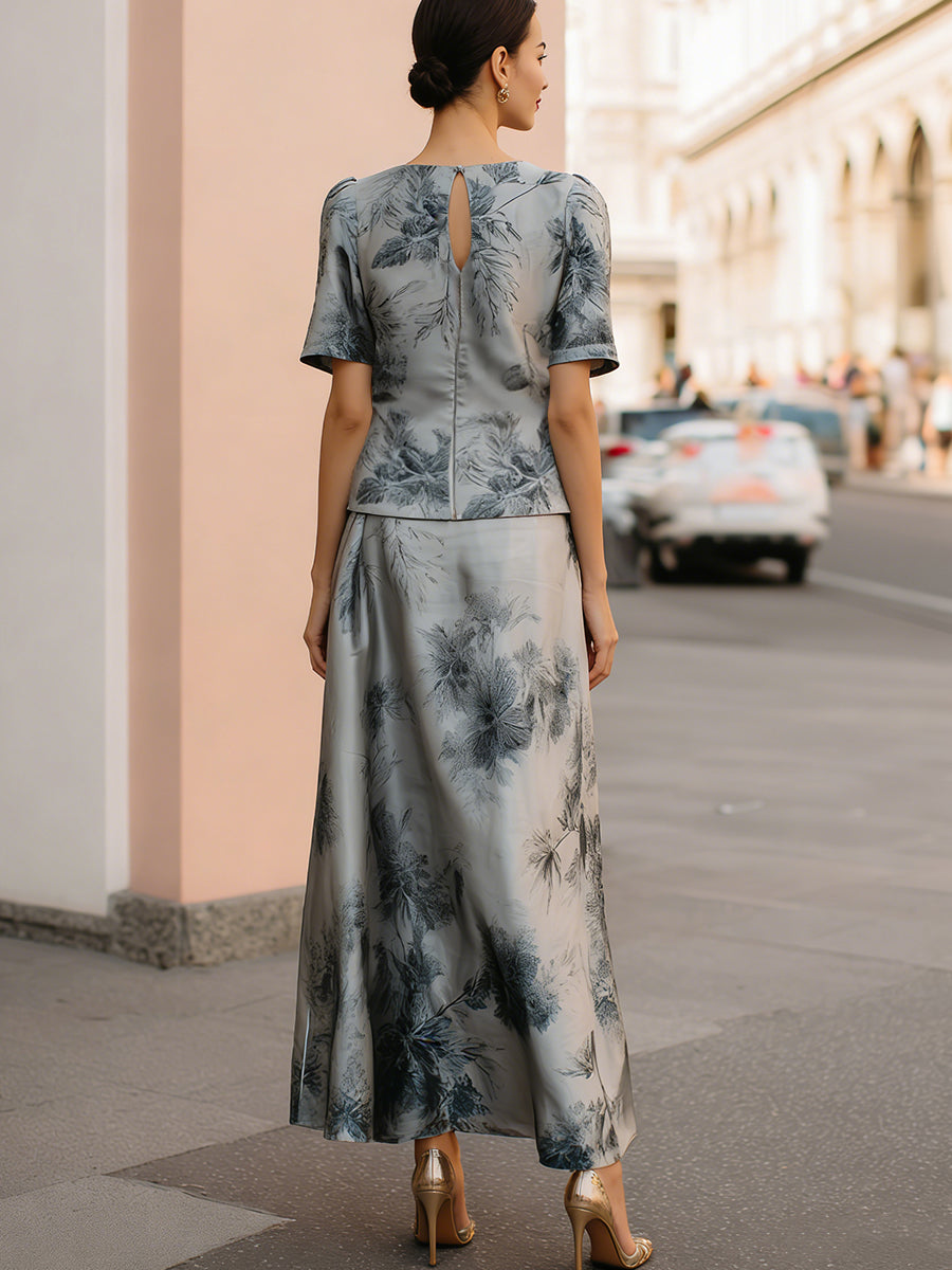 Ethereal Silver-Grey Floral Printed Two-Piece Maxi Set