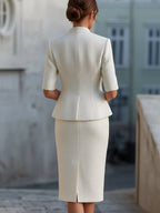 White Tweed Stand Collar Peplum Blazer & Midi Pencil Skirt Two-Piece Suit